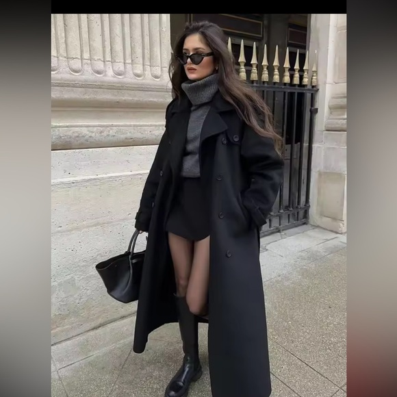 Pea coat long black belted winter fall women’s button - Picture 5 of 7